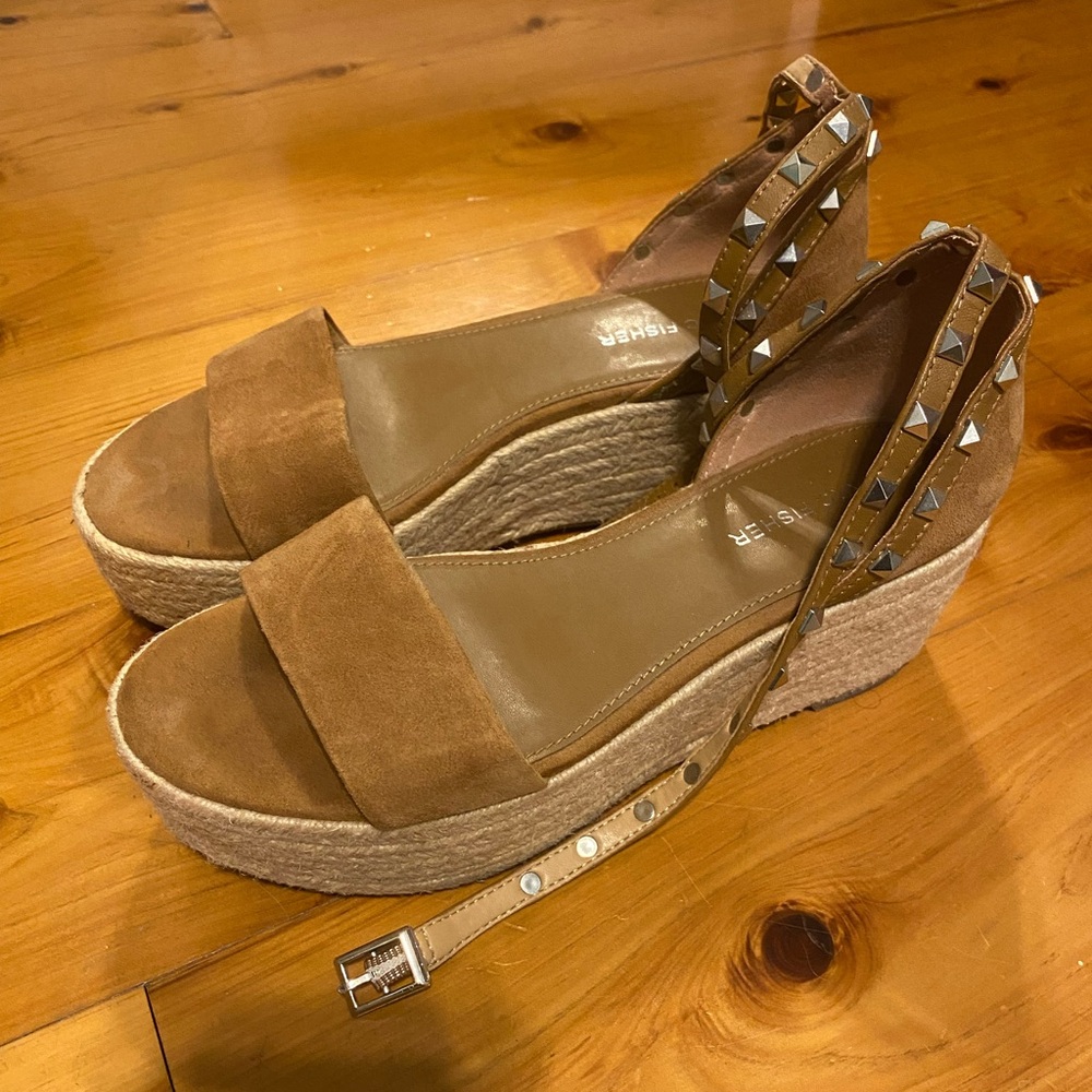 Marc Fisher Tan Wedges with Studded Ankle Straps